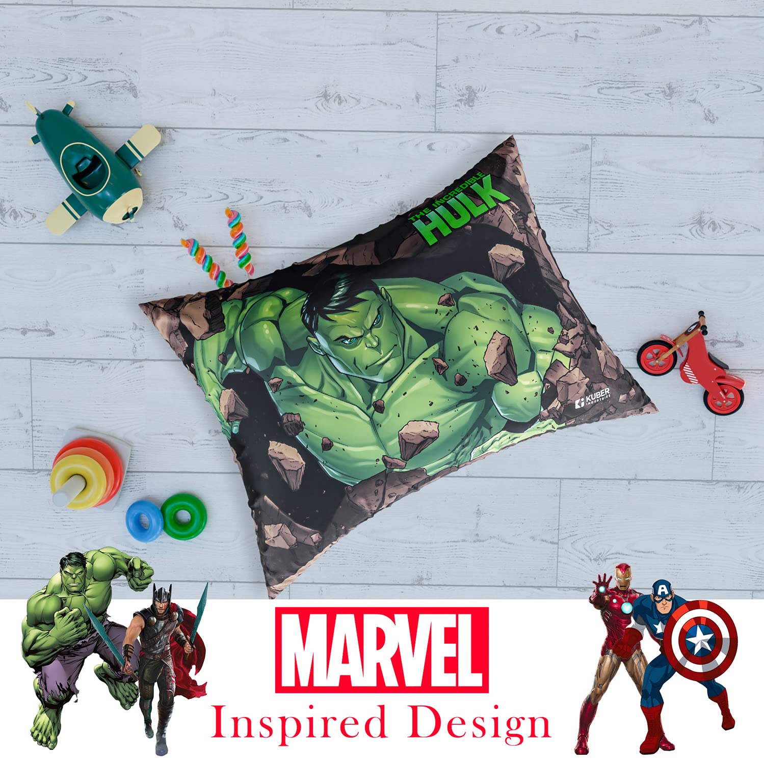 Marvel Hulk Print Kid's Pillow, Polyester Super Soft Kids Pillow, Green - 12 X 18 Inch | Soft Kids Pillow For Sleeping & Travel, Suitable For All Sleepers, Comfortable - Pack Of 2