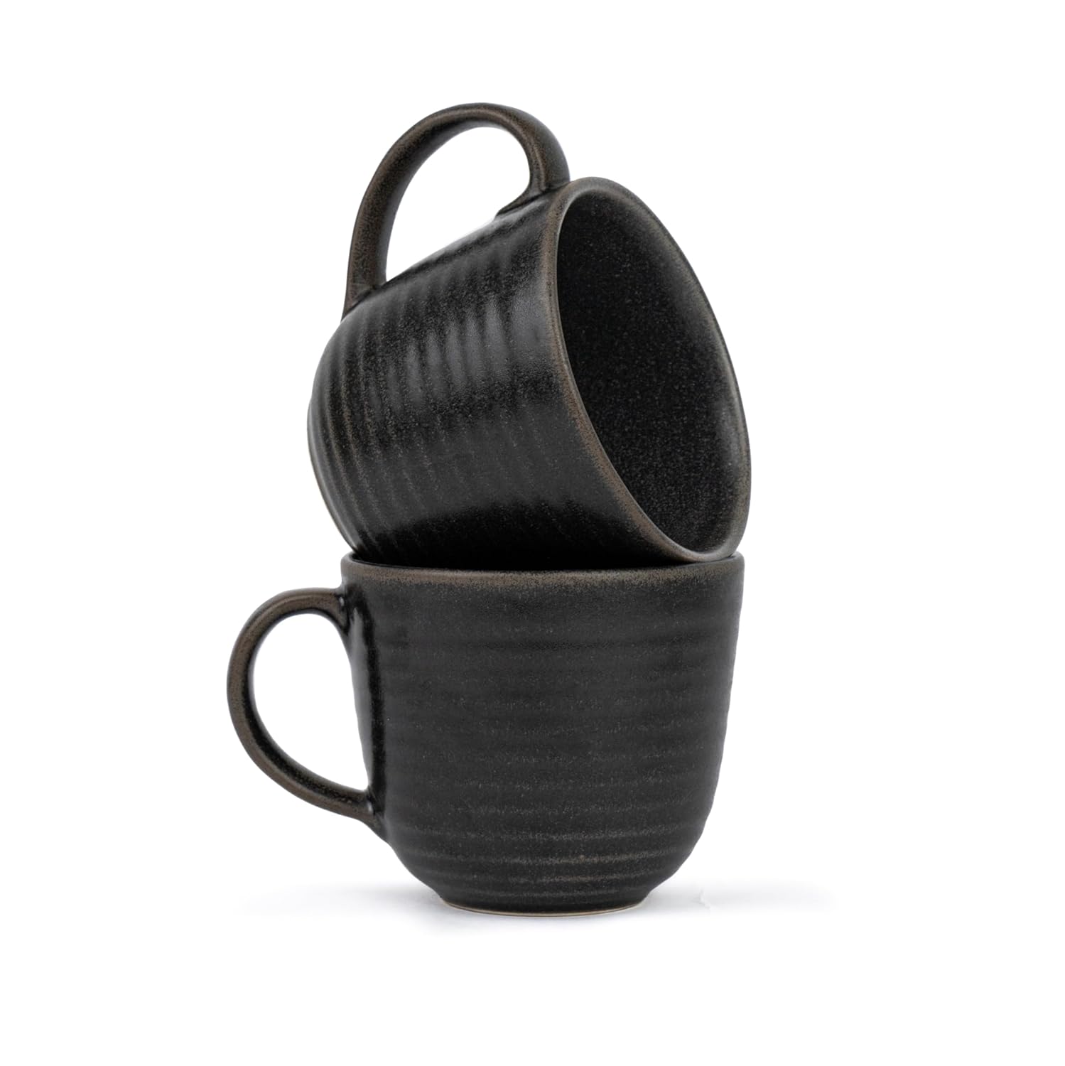 Large Ceramic Coffee Mug Set Of 2 - Reactive Black, 400ml Each | Ceramic Ribbed Mug With Glossy Finish - Mug For Coffee | Ceramic Coffee Mug - Coffee Cup | Microwave Safe & Dishwasher Safe