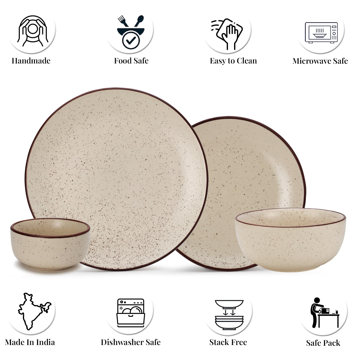 Handcrafted Ceramic Stoneware Dinner Set Of 20 Pieces With Serving Bowls Set - Beige Speckled | 6 Dinner Plates + 6 Small Plates + 6 Small Dinner Bowl, 170ml Each+ 2 Serving Bowl, 1000ml Each