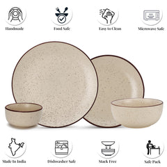 Handcrafted Ceramic Stoneware Dinner Set Of 20 Pieces With Serving Bowls Set - Beige Speckled | 6 Dinner Plates + 6 Small Plates + 6 Small Dinner Bowl, 170ml Each+ 2 Serving Bowl, 1000ml Each