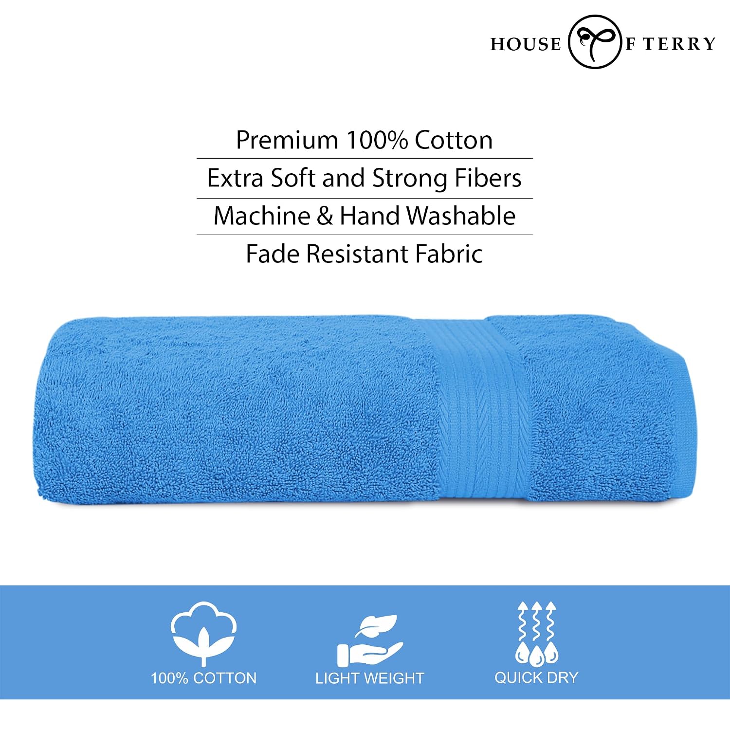 House Of Terry 100% Cotton Bath Towel 1000 Gsm | Quick Dry, Soft & Absorbent, Fade-Resistant, Skin-Friendly, For Men & Women Towel (Blue) - Pack Of 2