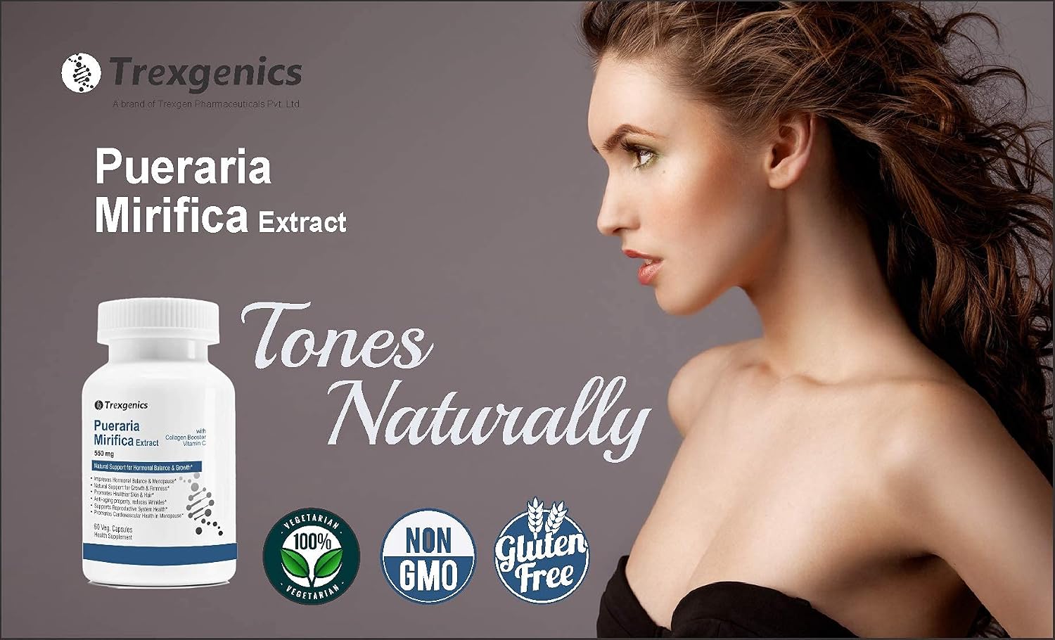 Trexgenics Pueraria Mirifica Extract 550mg With Collagen Booster Vitamin C | 60 Vegetarian Tablets , 100gm 0.2lbs