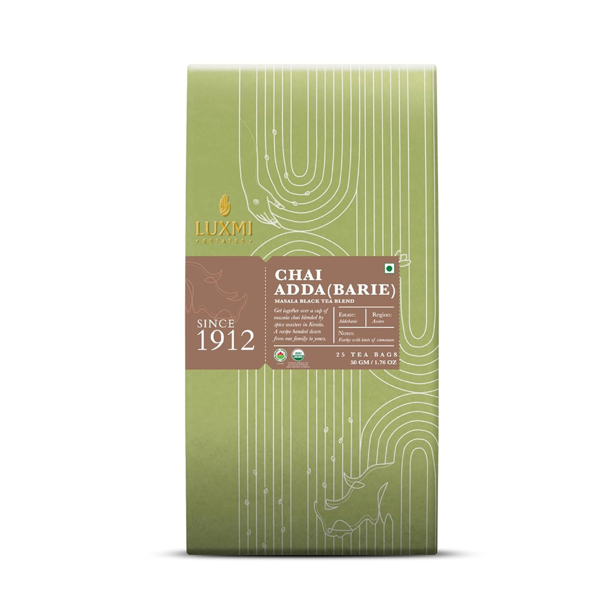 Luxmi Estates Chai Adda Barie Black Tea - 50gm, 1.7 Ounce, 25 Tea Bags | USDA Certified Organic Masala Black Tea Blend - Indian Spice Chai Enriched With Cinnamon & Cardamom