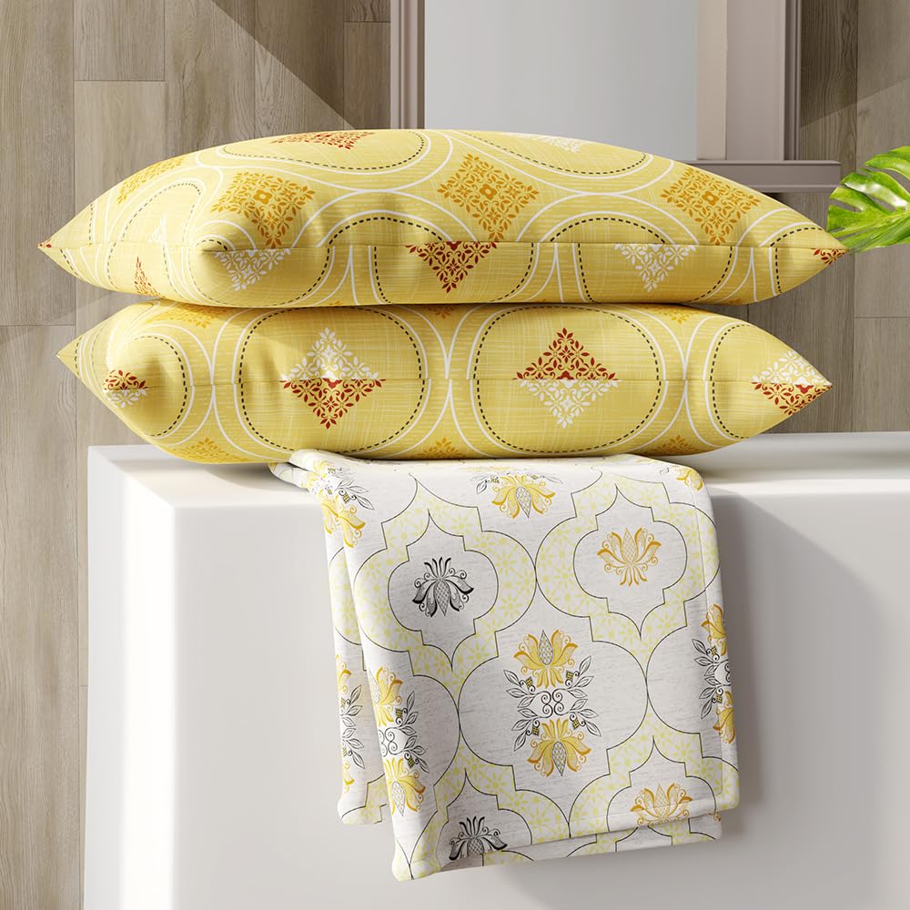 100% Cotton Double Bedsheet With 2 Pillow Covers Size - 87 X 95 Inches, White & Yellow | 125 Thread Count Lightweight & Durable - Gift For Housewarmings, Weddings, Birthdays