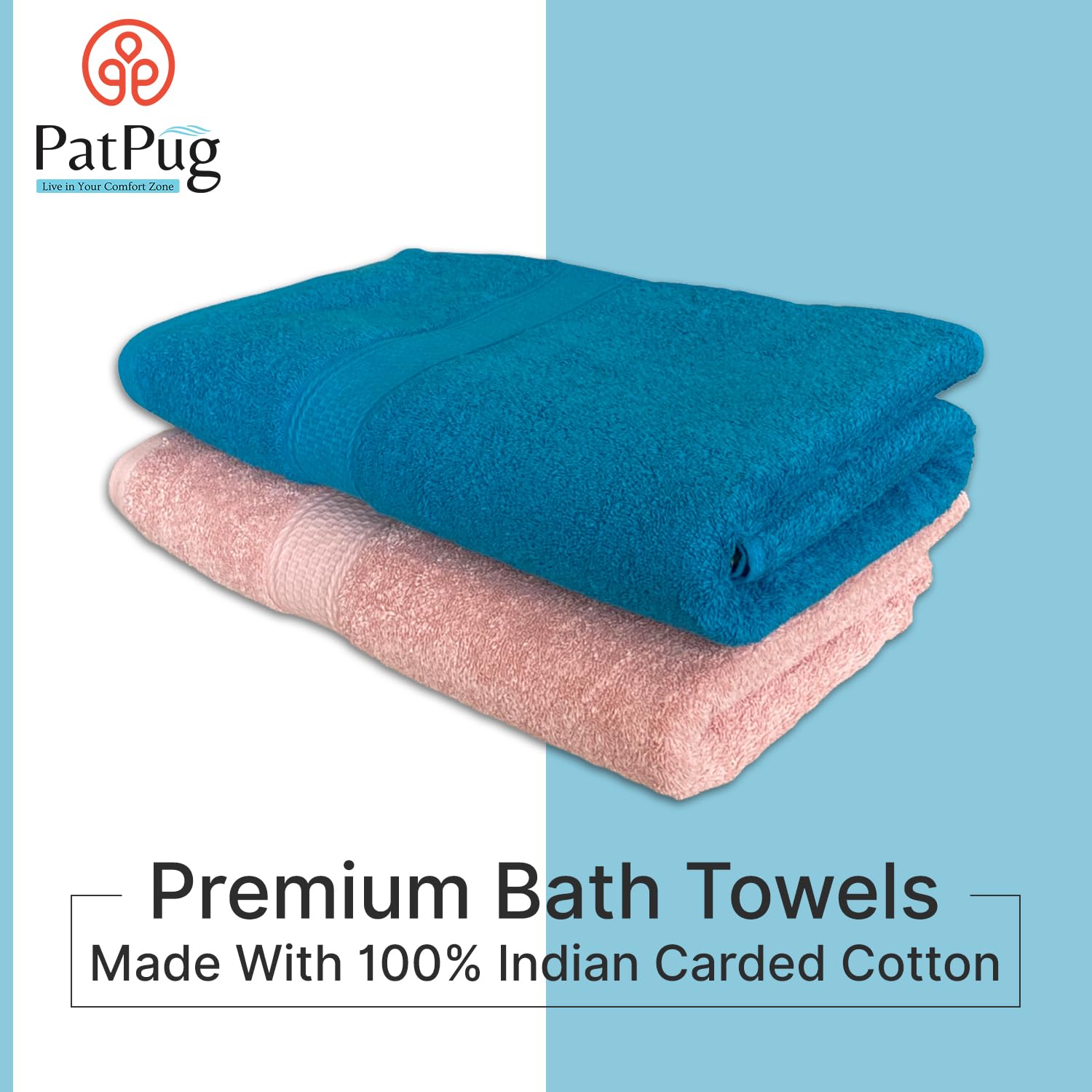 Patpug 100% Indian Ultra Soft Cotton 500 Gsm Highly Absorbent, Fade Resistant, Quick Drying Large Bath Towel (Turquoise Blue & Baby Pink)