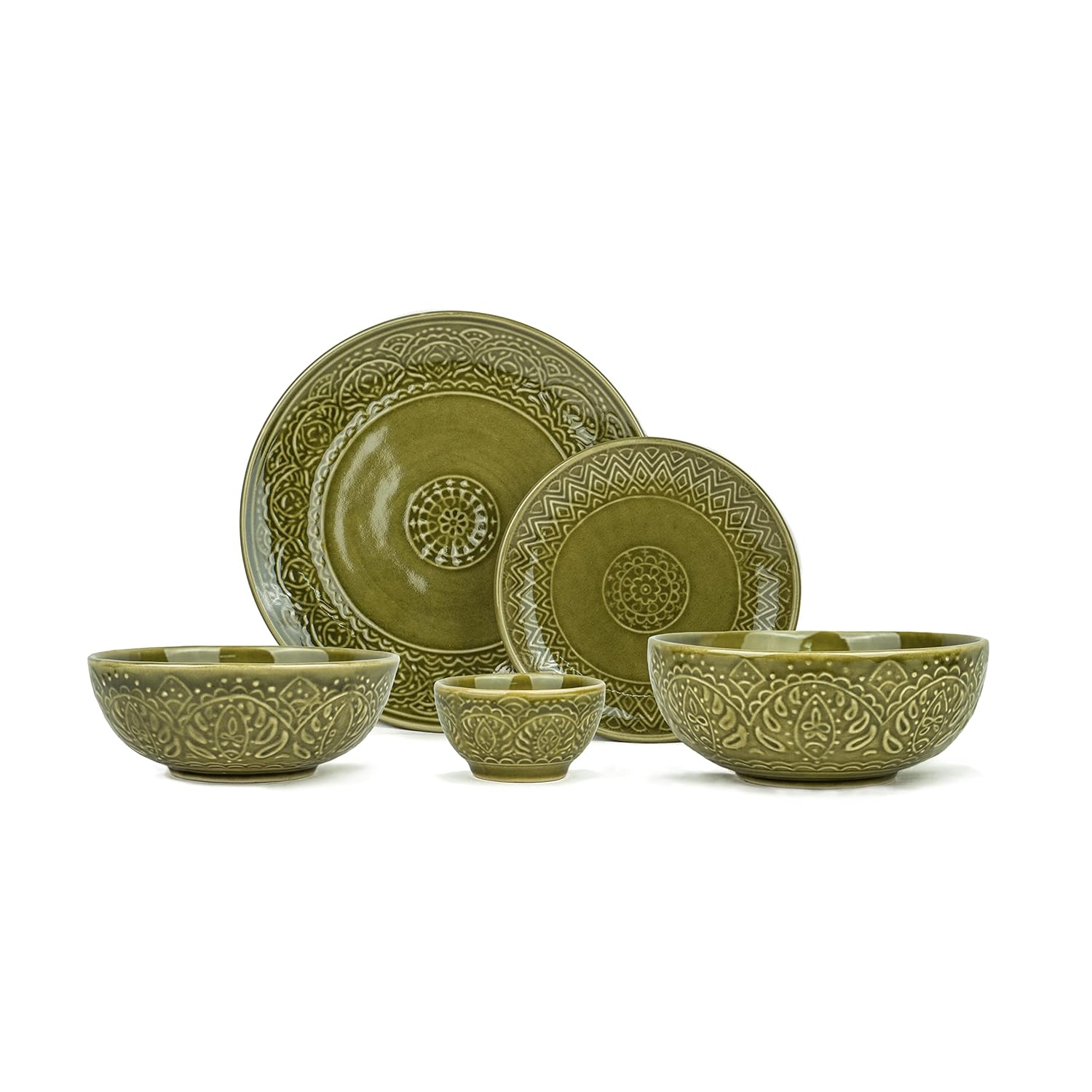 Ceramic Carving Dinner Set Of 21 Pcs, Mehndi Green | Crockery Set - Dining Sets | 6 Dinner Plates+ 6 Dinner Plates+ 6 Veg Bowls, 160ml Each+ 2 Medium Bowls, 630ml Each+ 1 Large Bowl, 1200ml