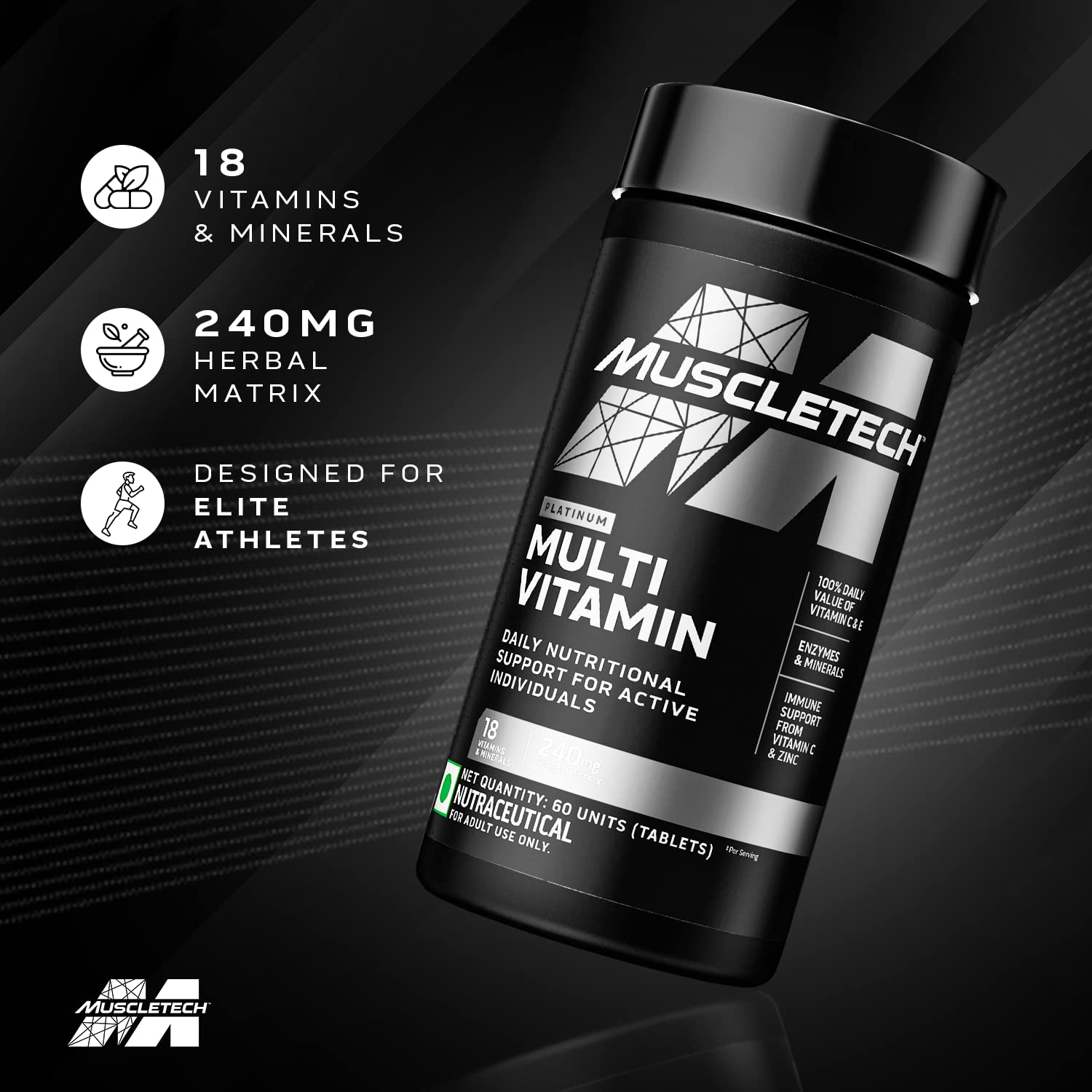 Muscletech Platinum Multivitamin, Vitamin C For Immune Support , 18 Vitamins & Minerals | 60 Tablets , 100gm 0.2 Lbs