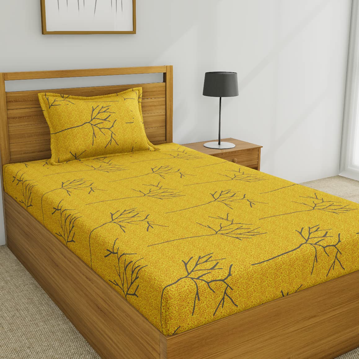 Single Bedsheet With 1 Pillow Cover - 55 X 88 Inches, Yellow | Soft & Comfortable Sleep Experience | Machine Wash In Cold Water