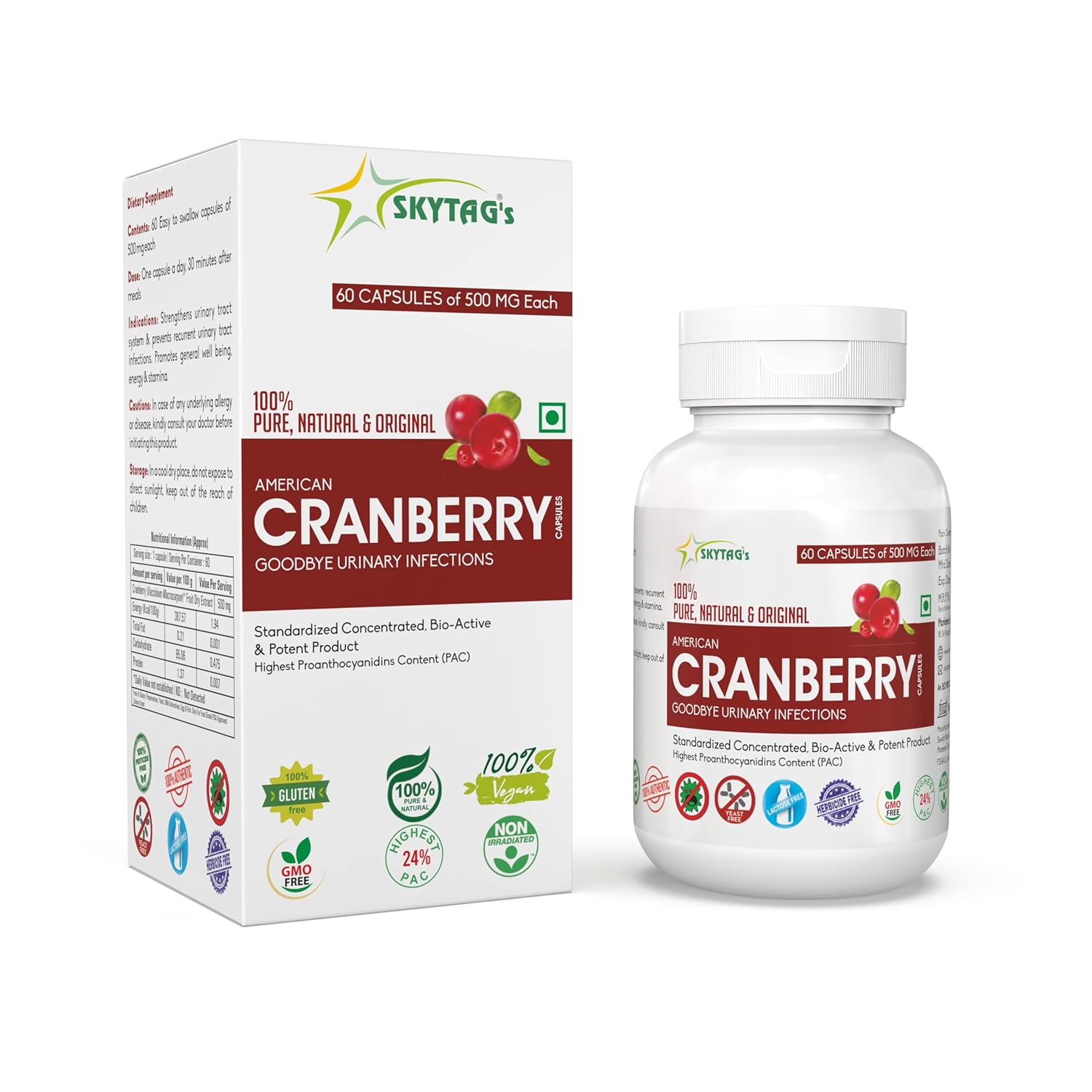 Skytag Bioteq American Cranberry Capsules, Supports Urological Health & Manage Utis, Promotes Energy & Stamina | 500mg Each, 60 Vegan Capsules 100gm 0.2lbs