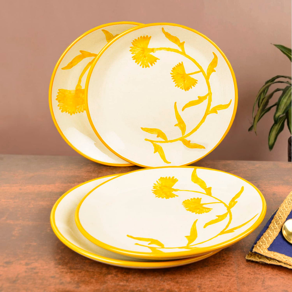 Hand Painted Ceramic Floral Dinner Serving Plates Set Of 4 - Yellow & Off White, Diameter: 10 Inches | Full Plates - The Lucid Yellow Collection