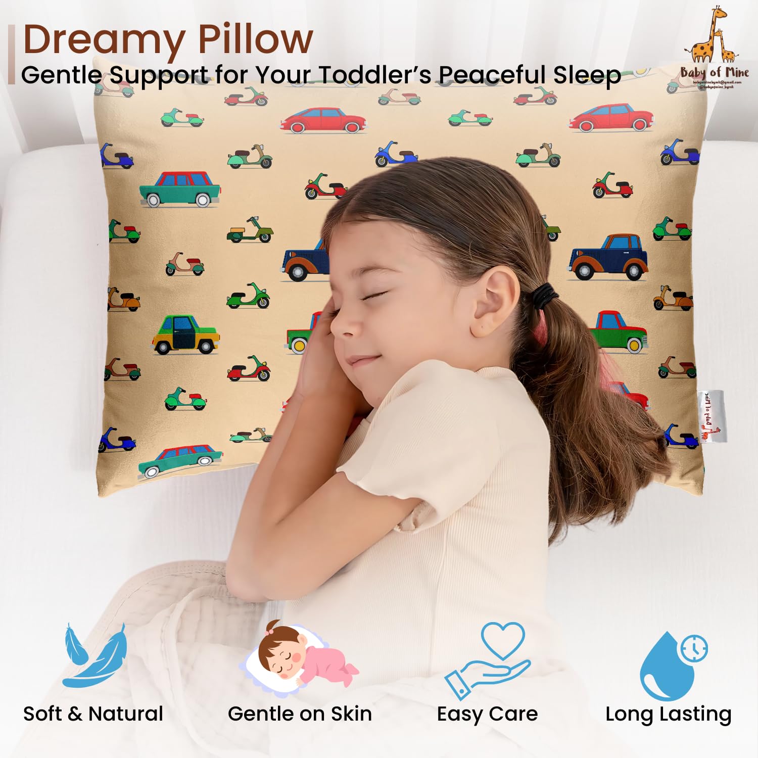 Premium Baby Pillow For Kids, Super Soft Cotton Kids Cushion - 12 X 18 Inches | For 5 Years Old Kids, Cartoon Prints - Vintage Cars | Bed Pillow, Washable, Easy To Care - Pillow 03