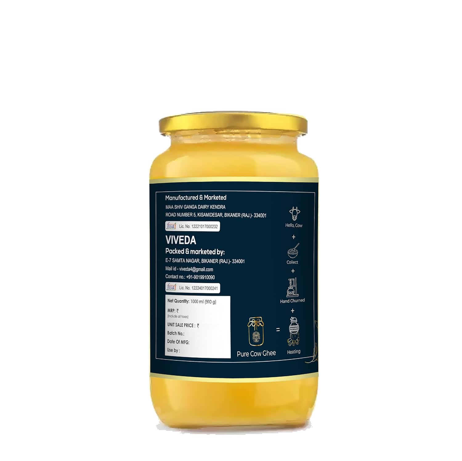 Premium A2 Desi Cow Ghee By Viveda | Hand-Churned, Traditional Bilona Method Pure Desi Cow Ghee Good For Dishes | (500ml) 16.9 Ounce | Jar Pack
