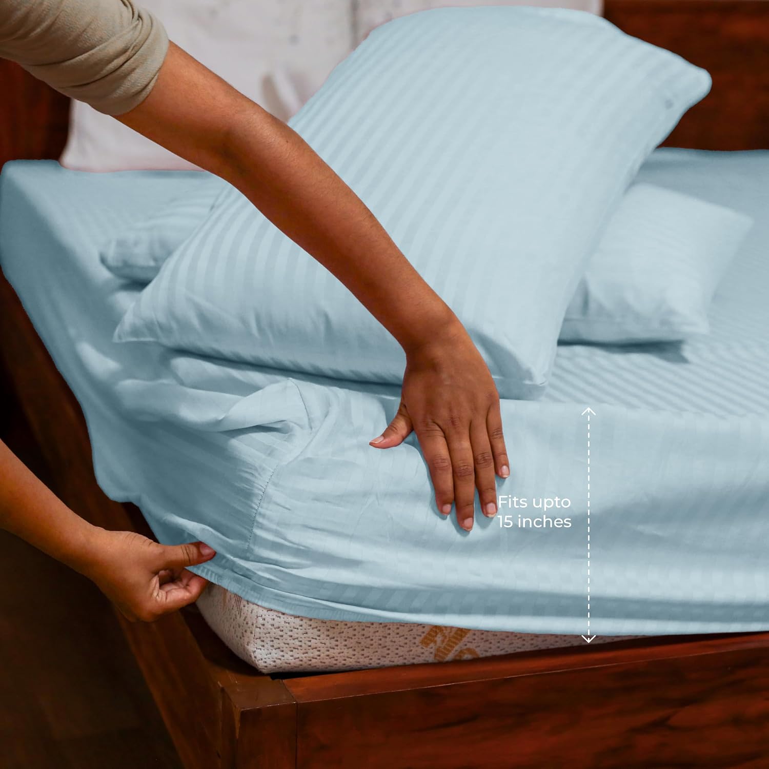 Stripe Cotton Fitted King Bedsheet With 2 Pillow Covers - 72x78 Inches, Sky Blue | 12"Deep Pocket-1 Elastic Fitted-Sateen Weave Premium Bedding Set For Double Bed