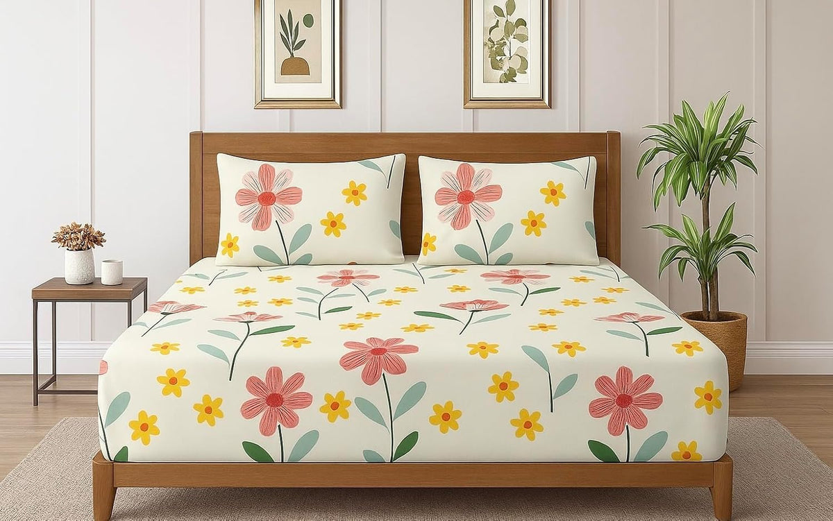 1 Bedsheet For Double Bed With 2 Pillow Covers - 90 X 100 Inches, Multicolor | Premium Cotton Material Double Bedsheet Queen Size | Skin Friendly & Long Lasting