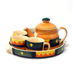 Hand Painted Boho Fiesta Tea Set With Kettle | Ceramic Tea Kettle Set With 4 Cups, 150ml Each + 1 Kettle, 700ml + 1 Tray | 6 Pieces - Microwave Safe & Dishwasher Safe