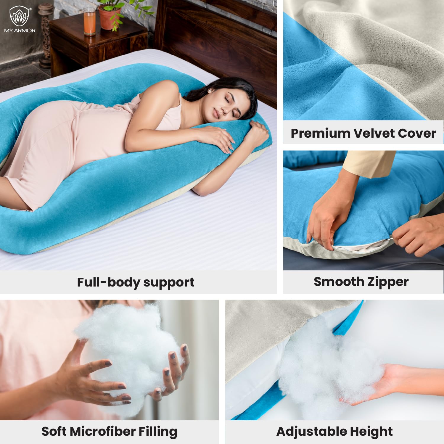 Full Body U Shape Pregnancy Pillow For Women, Maternity Pillow, Cream & Sky Blue | Pillow Gift For Pregnancy Sleeping, Premium Velvet Cover With Zip | Adjustable & Washable, Relieves Pain