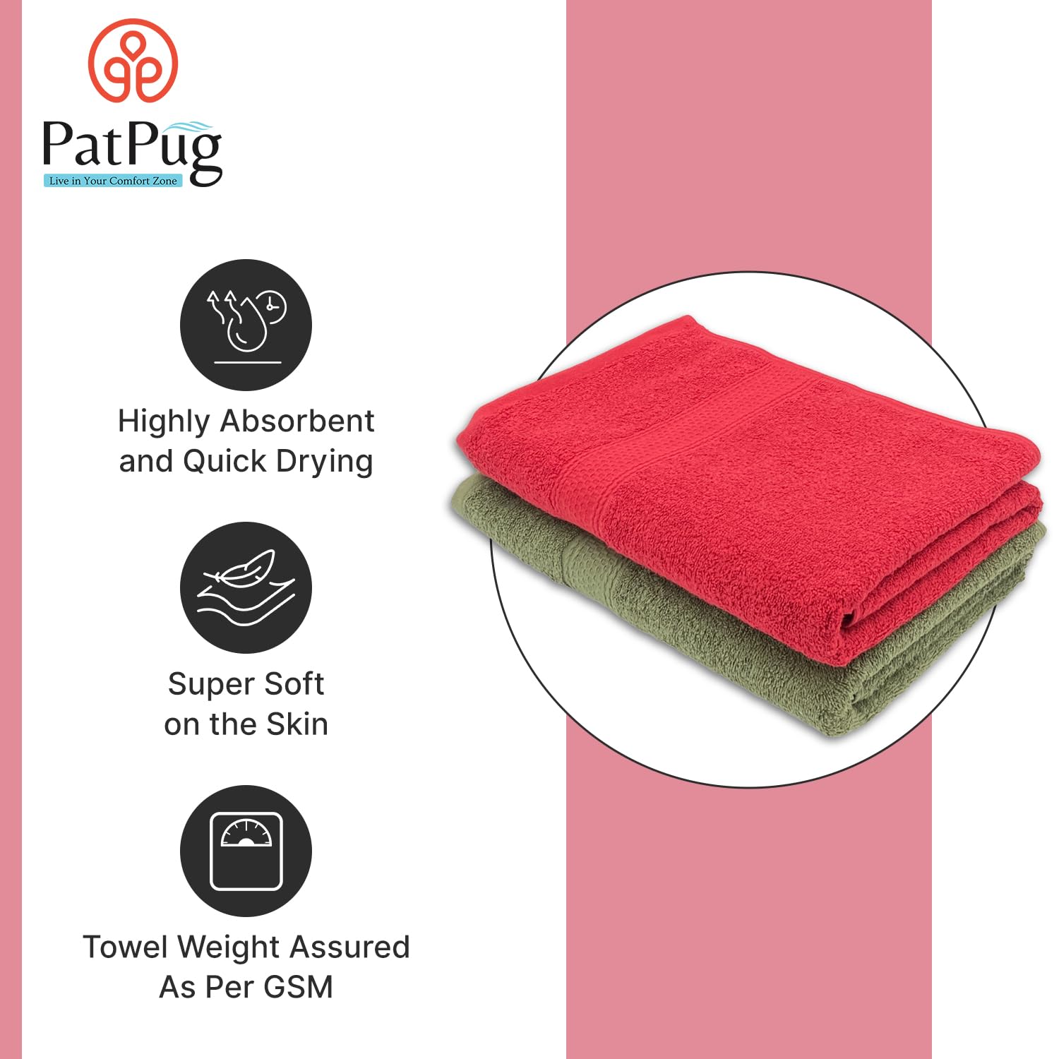 PatPug 100% Indian Ultra Soft Cotton 450 Gsm Bath Towel Large Bath Towel | Highly Absorbent Quick Drying Durable Towel For Men, Women & Kids (Ruby Red & Ocean Blue)