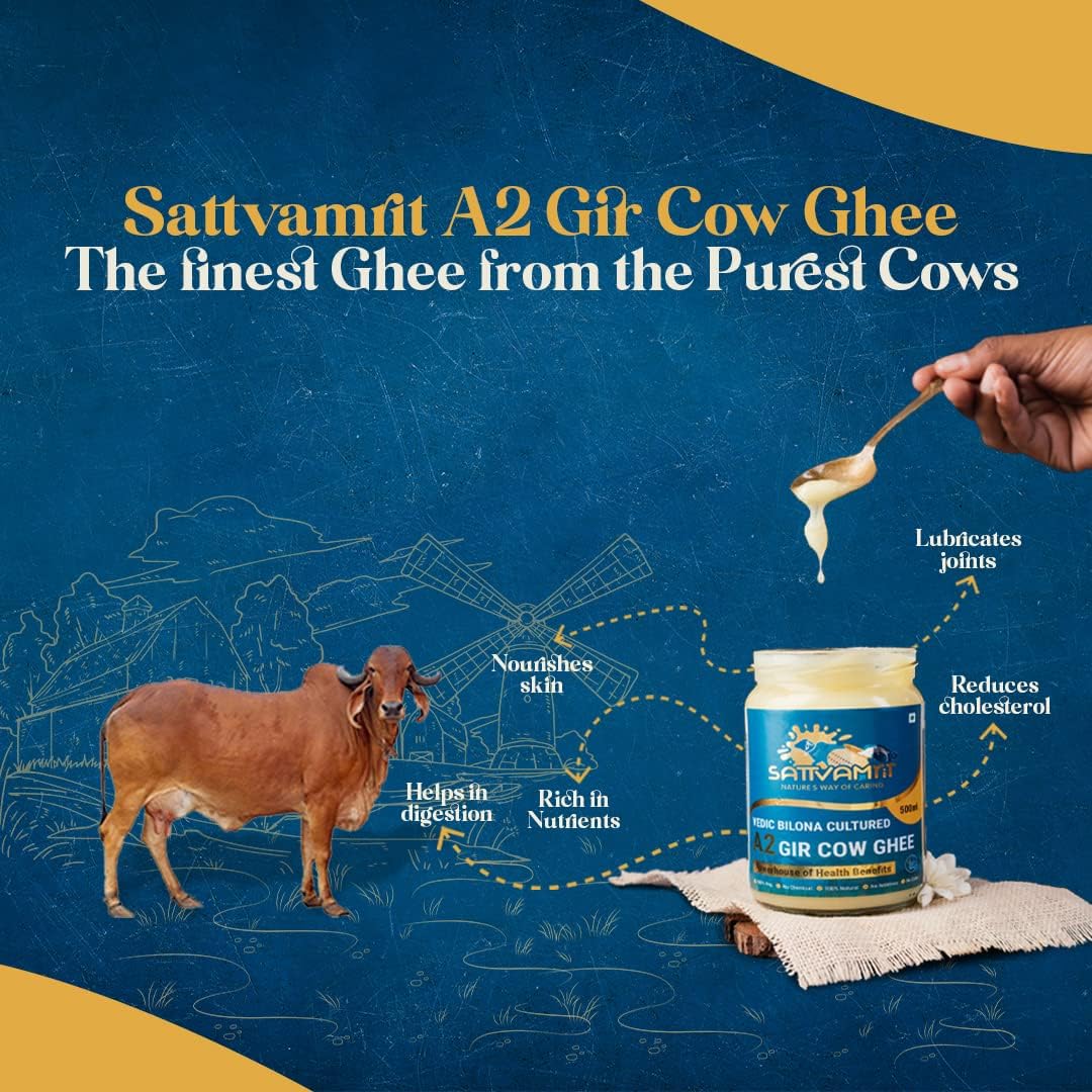 100% Natural A2 Gir Cow Desi Ghee By Sattvamrit | Vedic Bilona Cultured Healthy Desi Ghee Perfect For Weight Loss | (250ml) 8.4 Ounce | Jar Pack
