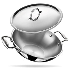 Artisan Triply Silver Stainless Steel Kadhai With Lid, 1.6 Liters | Kadai For Cooking, Stainless Steel Cookware Triply Kadai, Induction & Gas Stove Compatible, 20 Cm