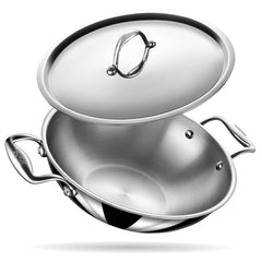 Artisan Triply Silver Stainless Steel Kadhai With Lid, 2.4 Liters | Kadai For Cooking, Stainless Steel Cookware Triply Kadai, Induction & Gas Stove Compatible, 24 Cm