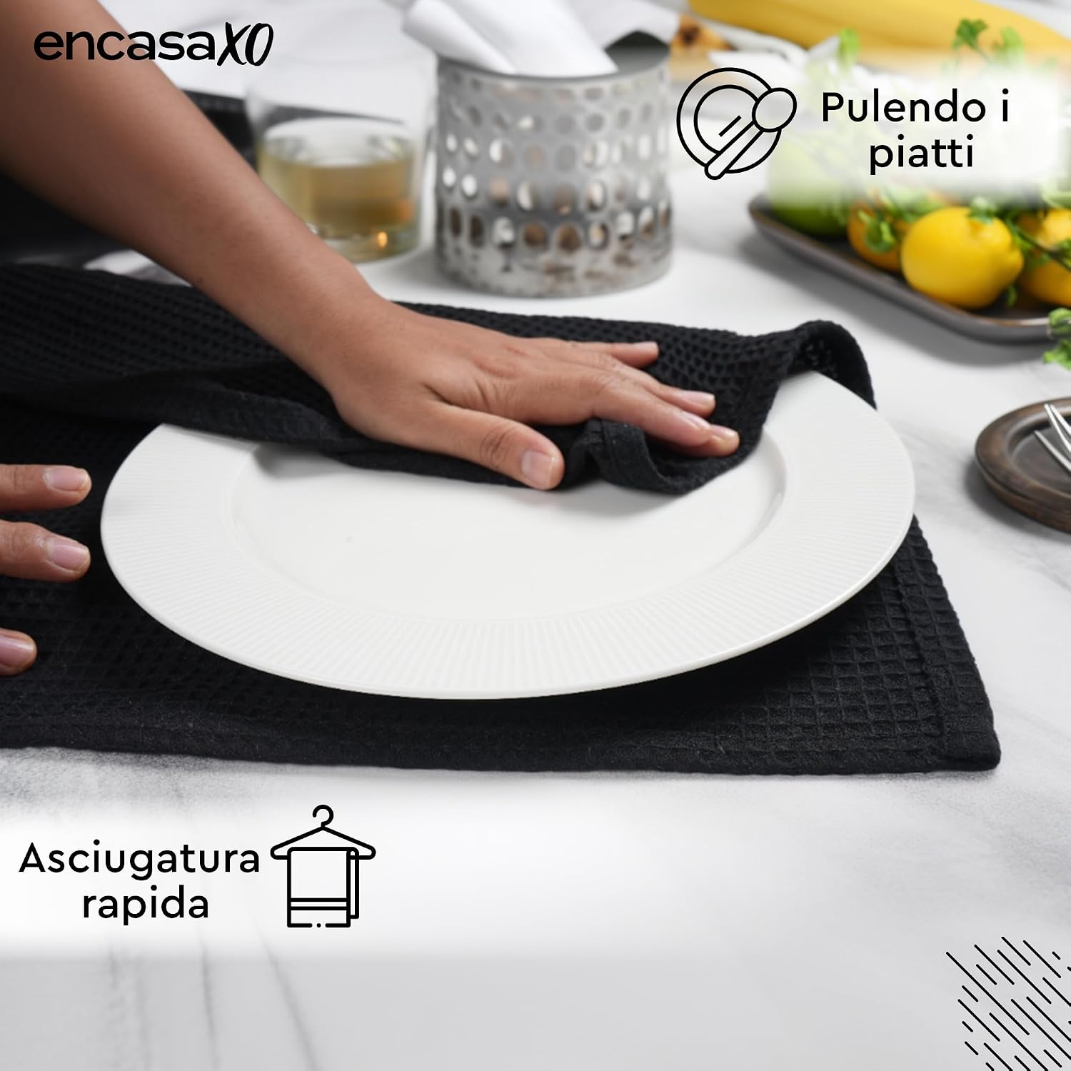 Encasa Xo Kitchen Dish Towels Set 420 Gsm | Waffle Weave & Flat Hand Tea Towel | Quick Drying Reusable Cotton Washcloths | Set Of 6 (Grey )