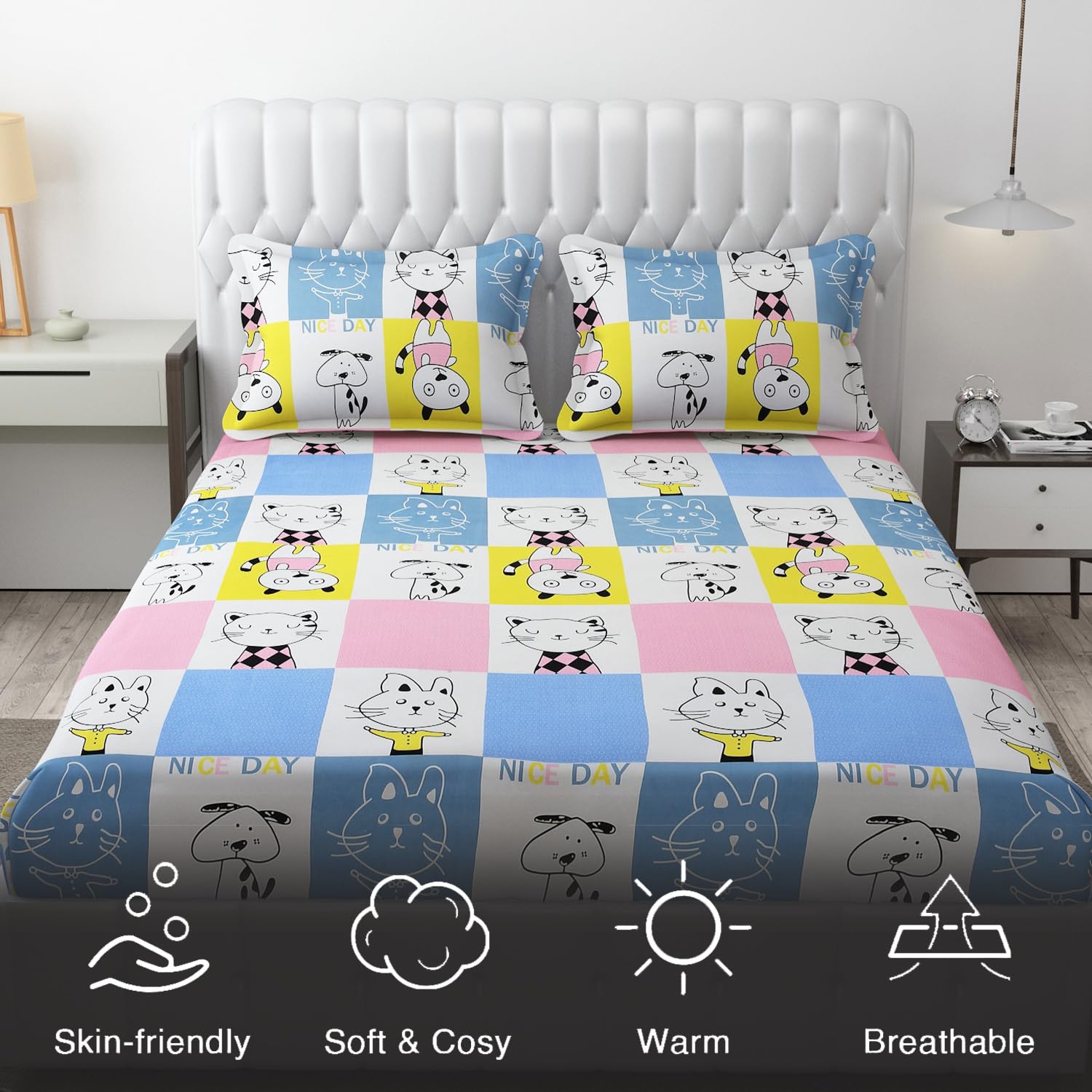 Wrinkle Free Soft Kids Double Bedsheets For King Size With 2 Pillow Cover | 90 X 95 Inches, Aqua & Pink | Cartoon Printed Design | Child Bedroom Decor