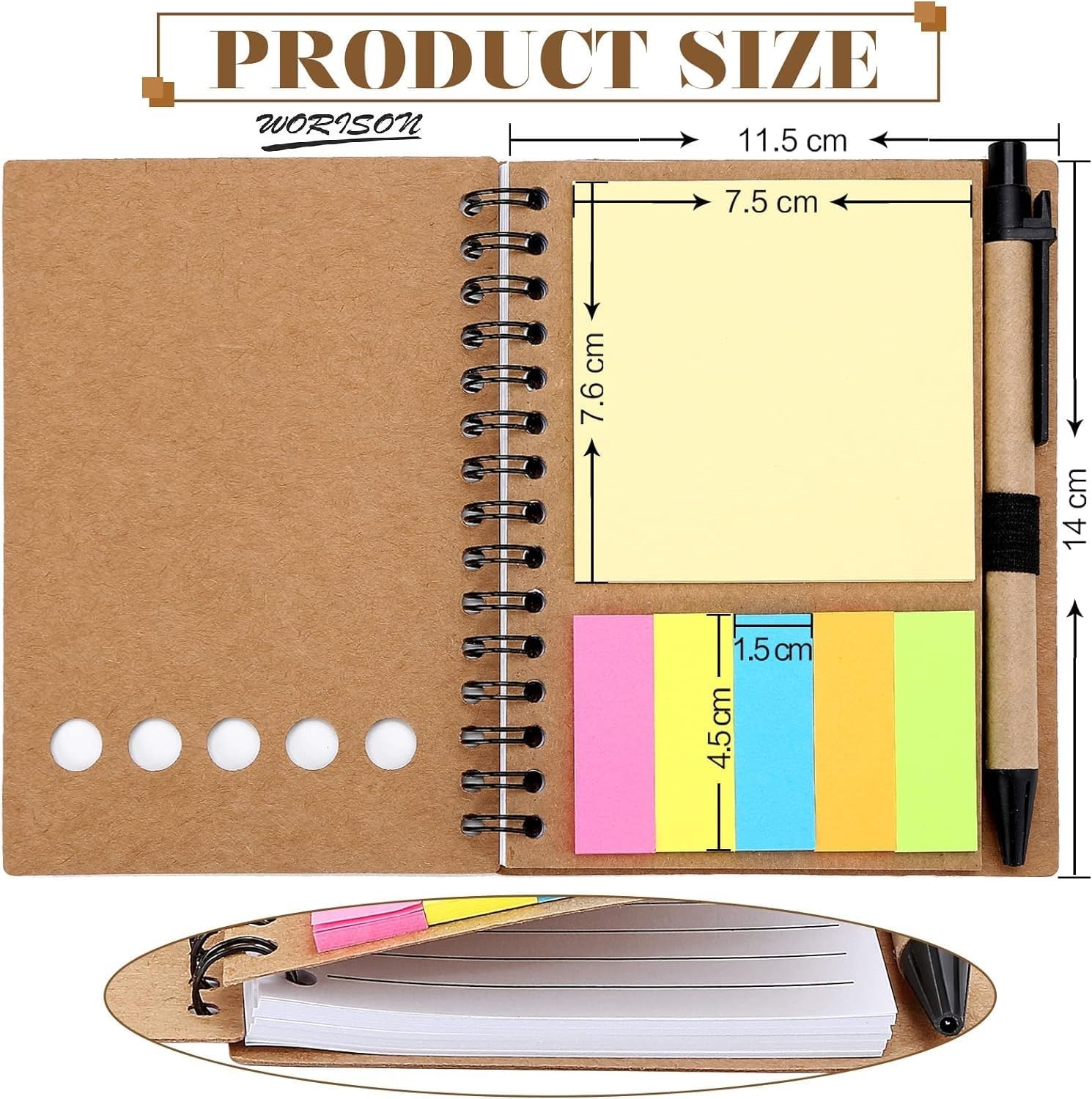 Ruled Spiral Notebook With Sticky Notes Kraft Paper Cover Notepad With Pen | Pack Of 4 - 200 Pages