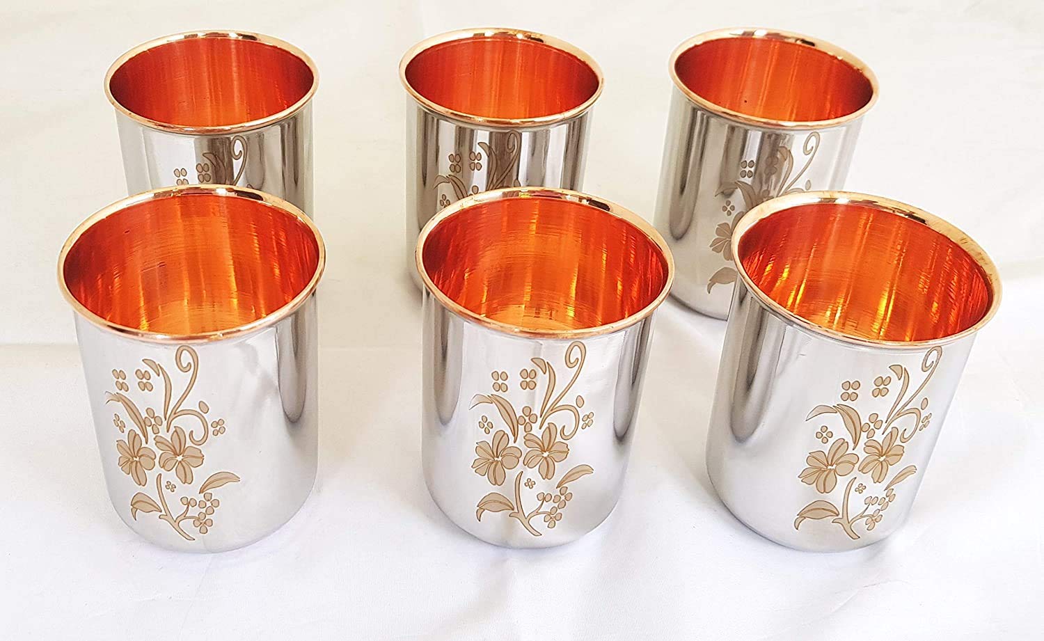 Copper Stainless Steel Glass Set Of 6 Pieces - 325ml Each | Printed Floral Design - Tableware Set