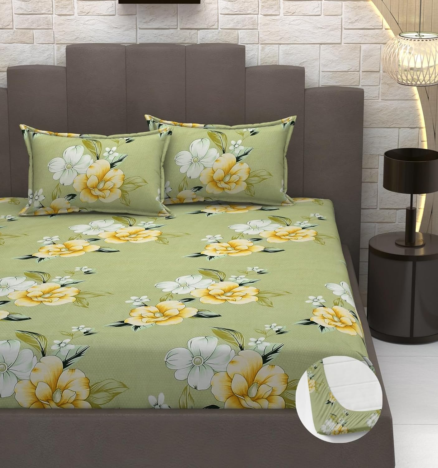 Cotton Elastic Fitted Bedsheets With 2 King Size Pillow Covers - 72 X 78 X 10 Inches, Light Green | Double Bed With All Around Elastic 350 Thread Count