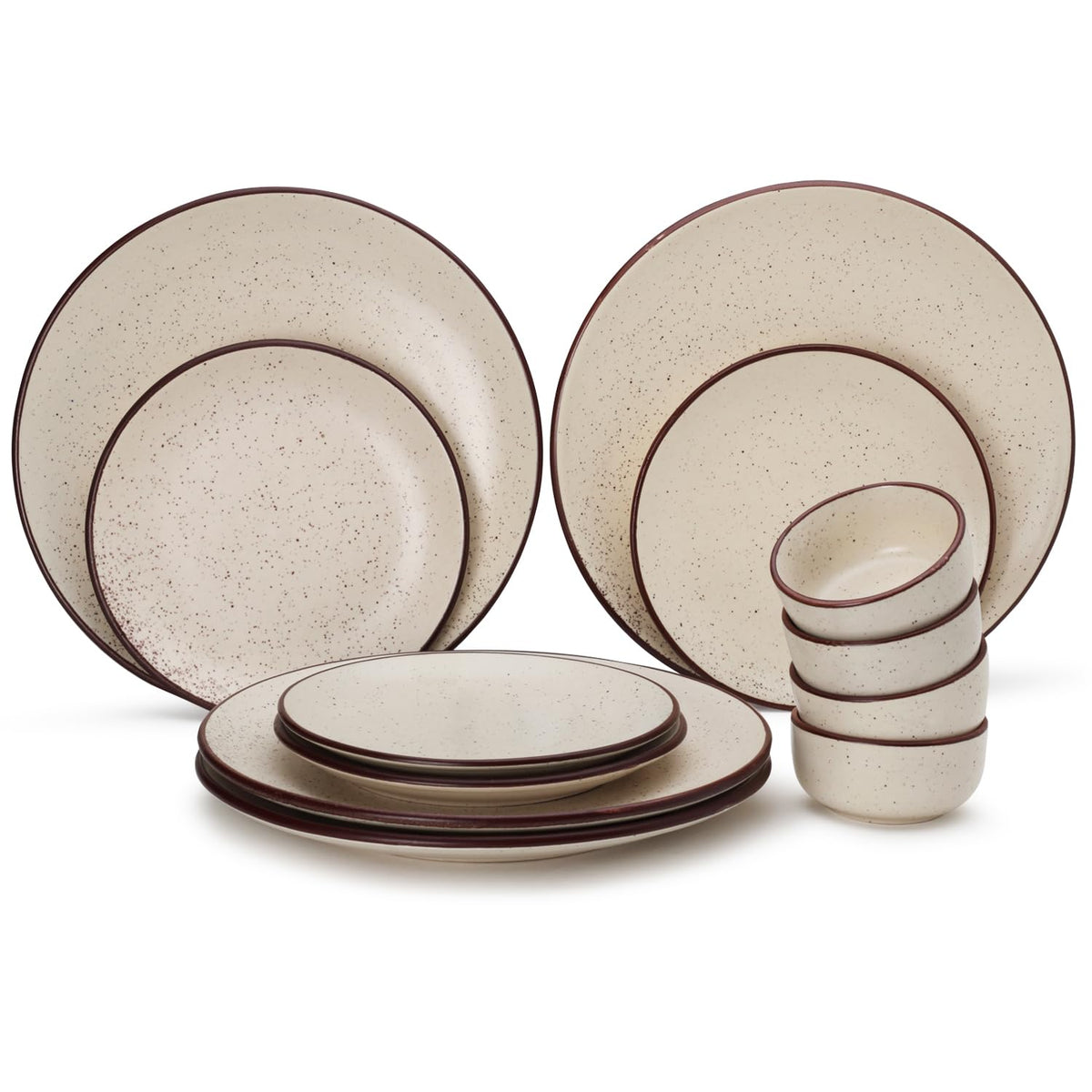 Handcrafted Ceramic Stoneware Dinner Set - Pack Of 12, Beige Speckle | 4 Dinner Plates, 10.6 Inch Each + 4 Small Plates, 7.4 Inch Each+ 4 Small Dinner Bowl, 170ml Each - Microwave & Dishwasher Safe