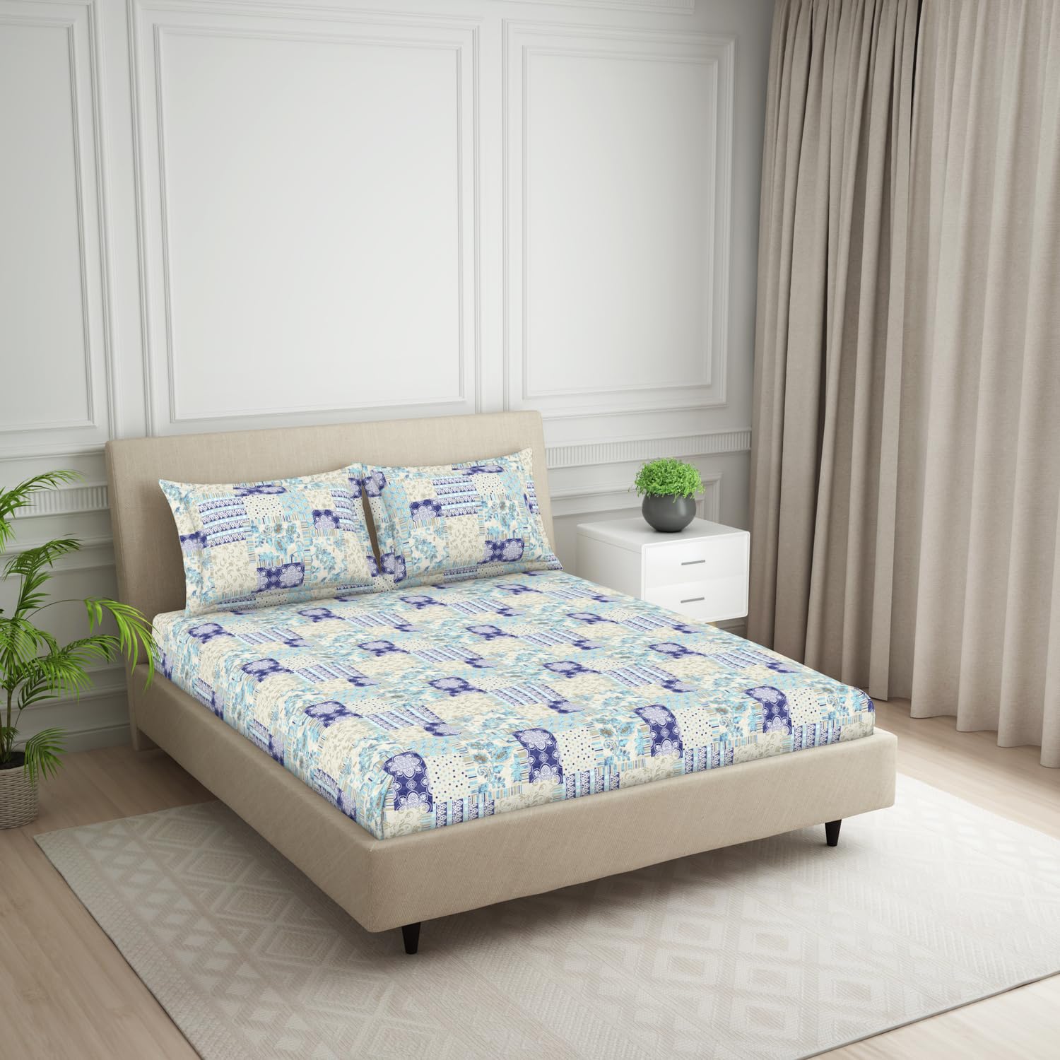 King Size Double Bedsheet 2 Matching Pillow Cover - 108 X 108 Inches, Multicolor | Durable & Long Lasting Wrinkle Resistant Fabric - All Season Comfort