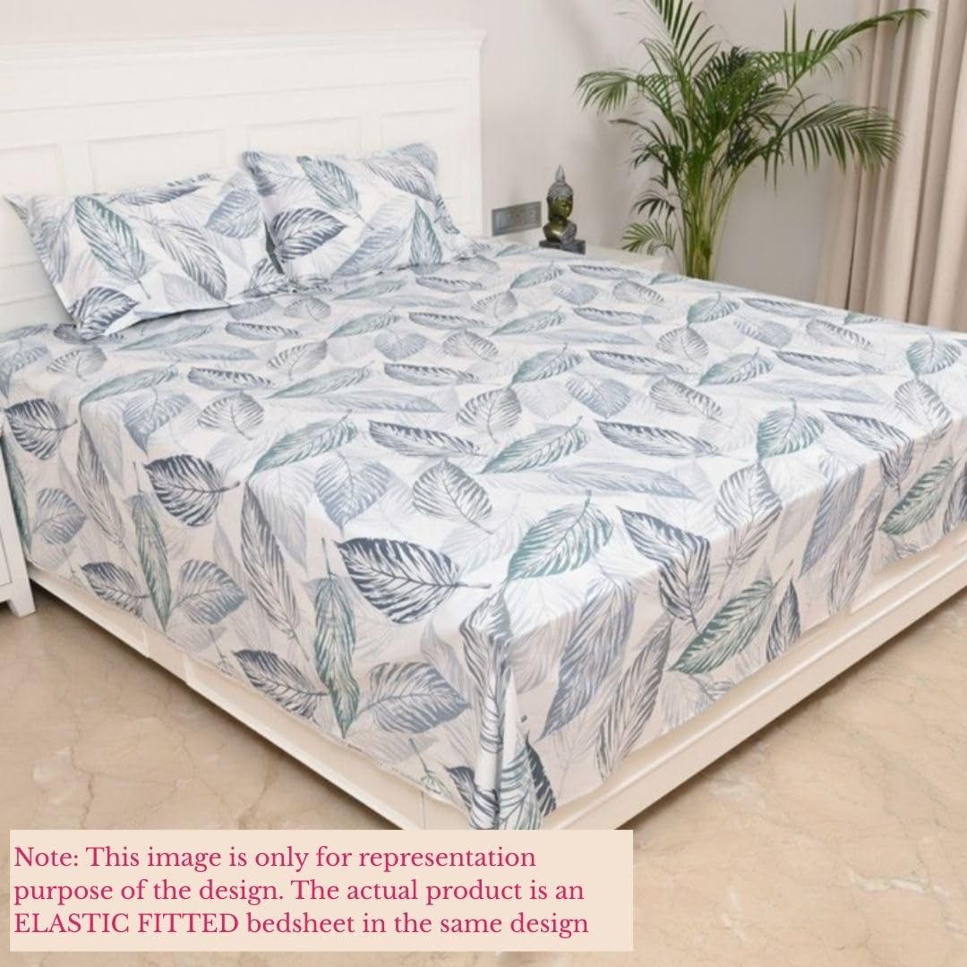 Elastic Fitted Bedsheet Double With 2 Pillow Covers | King Size - 72 × 78 X 8 Inches, White & Grey | Durable, Fade Resistant & Easy-Care Pure Cotton