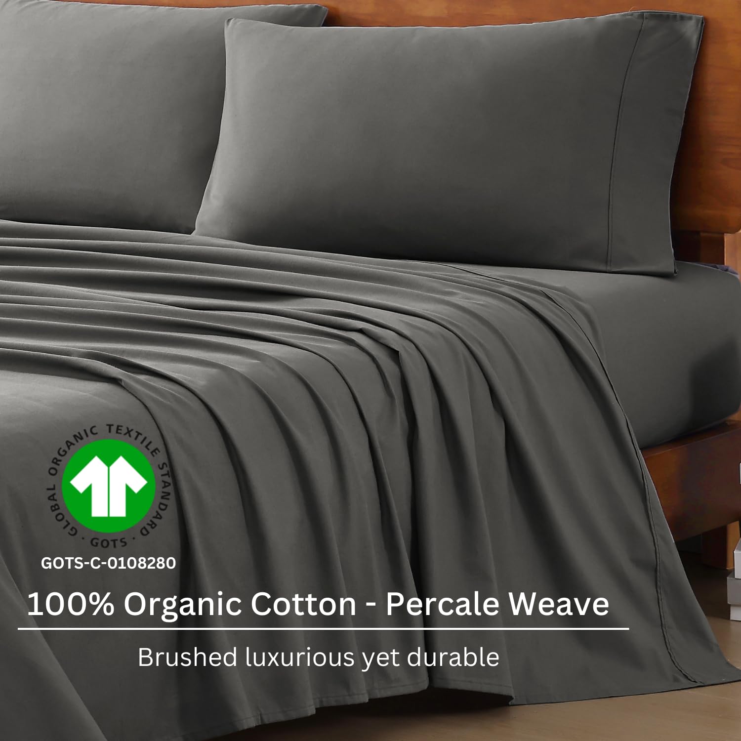 1 Elastic Fitted Bedsheet For Super King Size & 2 Pillow Cover - 72 X 78 Inches, Charcoal | Durable & Fade Resistant | Pure Comfort Of Organic Cotton