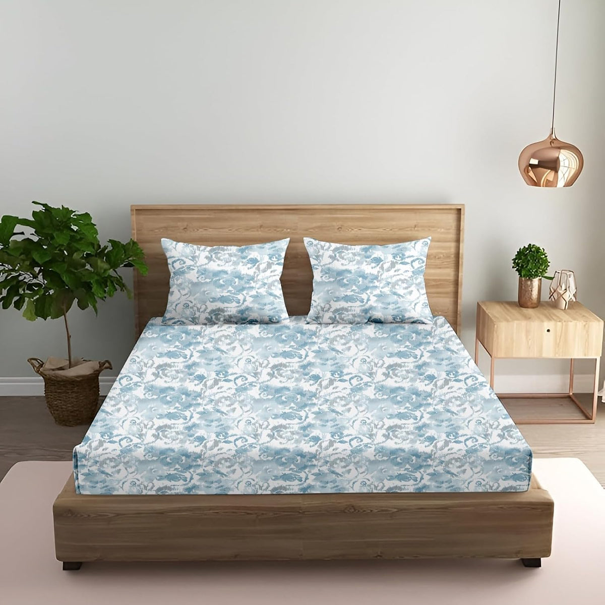 King Size Fitted Bedsheet With 2 Large Pillow Covers - 108 X 108 Inches, Sea Green & White | Soft, Breathable & Durable | Wrinkle Resistant