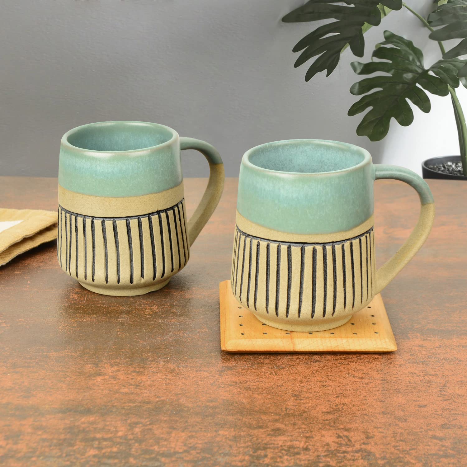 Handcrafted Dual Finish Ceramic Striped Coffee Mugs Set Of 2 - 325ml Each, Turquoise | Milk Mugs - Tea Cups & Mugs