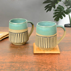 Handcrafted Dual Finish Ceramic Striped Coffee Mugs Set Of 2 - 325ml Each, Turquoise | Milk Mugs - Tea Cups & Mugs