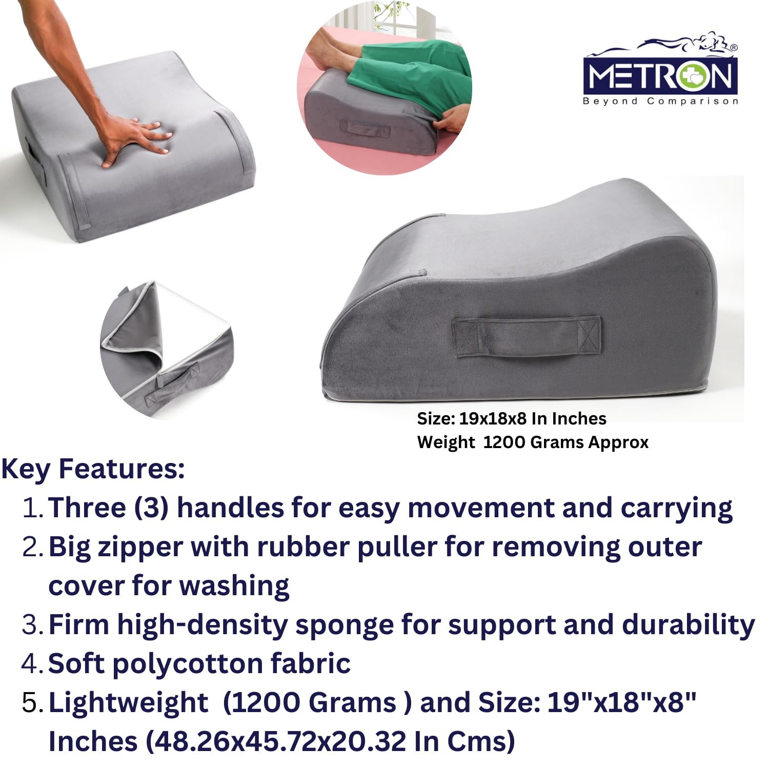 Leg Elevation Bed Wedge Pillow For Varicose Veins, Orthopedic Leg Pillow, Medium Size, Grey | Leg Elevation Support For Sleeping - Reduce Swelling, Improve Circulation, Washable Cover