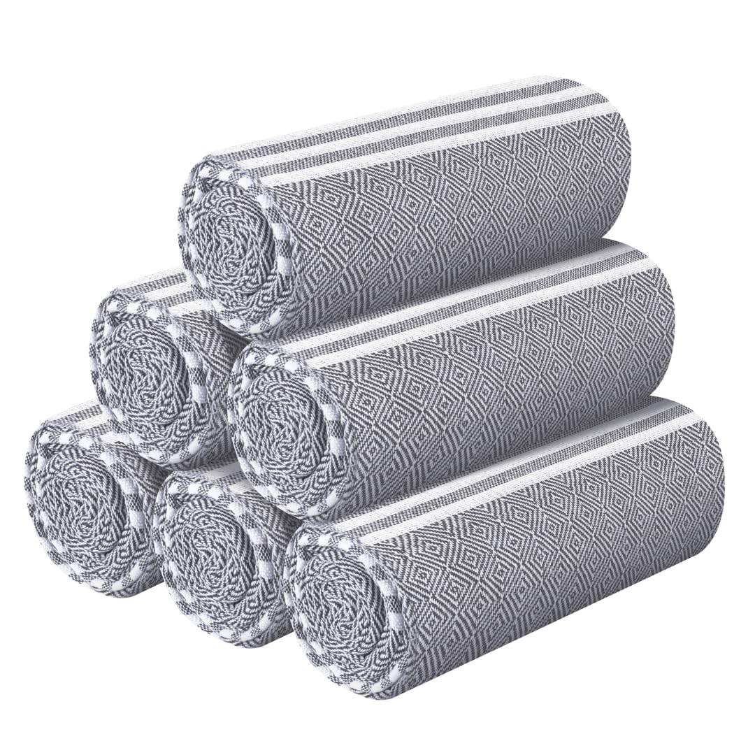 Destin Home Turkish Peshtemal Beach Towels 2 Kg | Cotton Soft, Lightweight, Quick-Drying & Absorbent For Beach Pool Spa Picnic Travel (Charcoal Grey)- Set Of 6