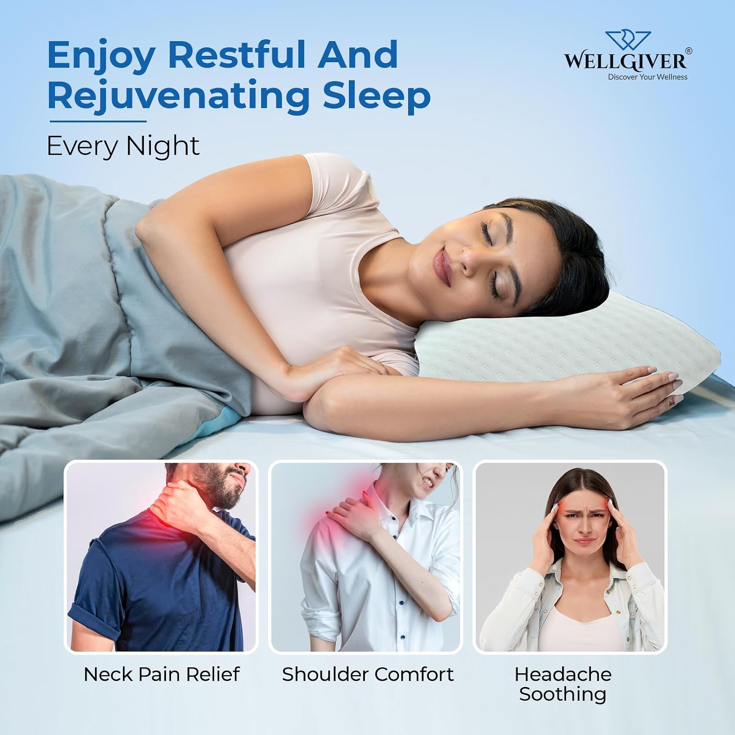 Ergonomic Memory Foam Pillow For Neck Pain Relief - 21 X 14 X 4.5 Inch | Orthopedic Pillow For Side, Back Sleeping | For Head Pain Relief, Washable Jacquard White Cover - Pack Of 1