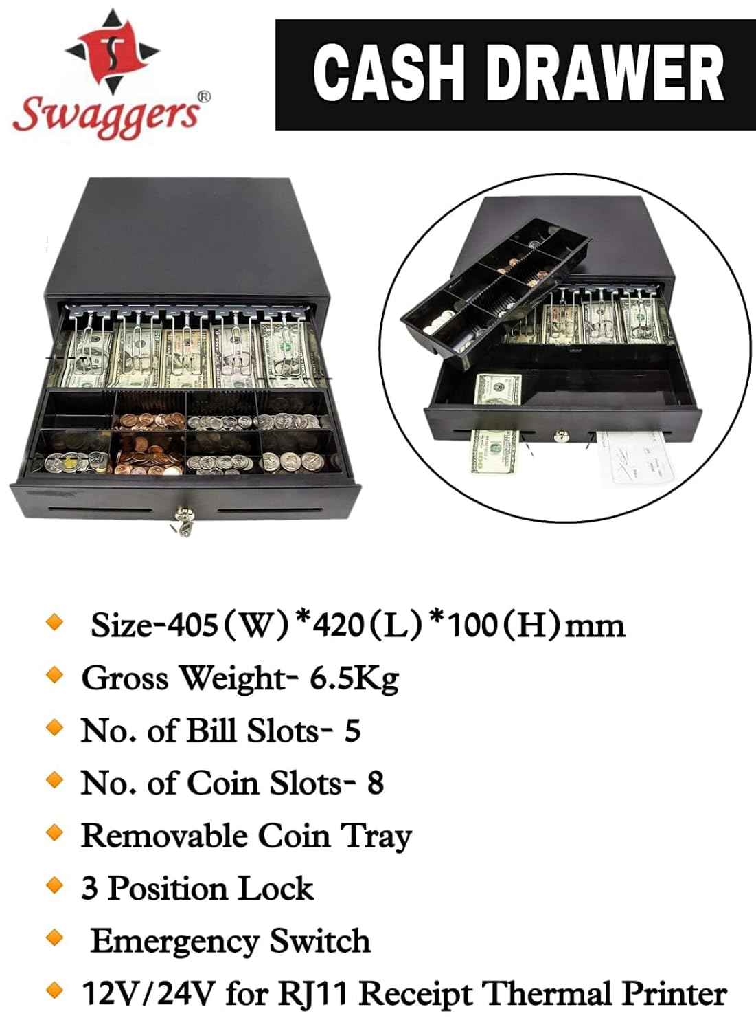 Metal Cash Drawer For Point Of Sale (Pos) System With Removable Coin Cash Tray, 5 Bills, 8 Coins Slots Drawer With Rj11 Interface Key Lock | Colour - Black
