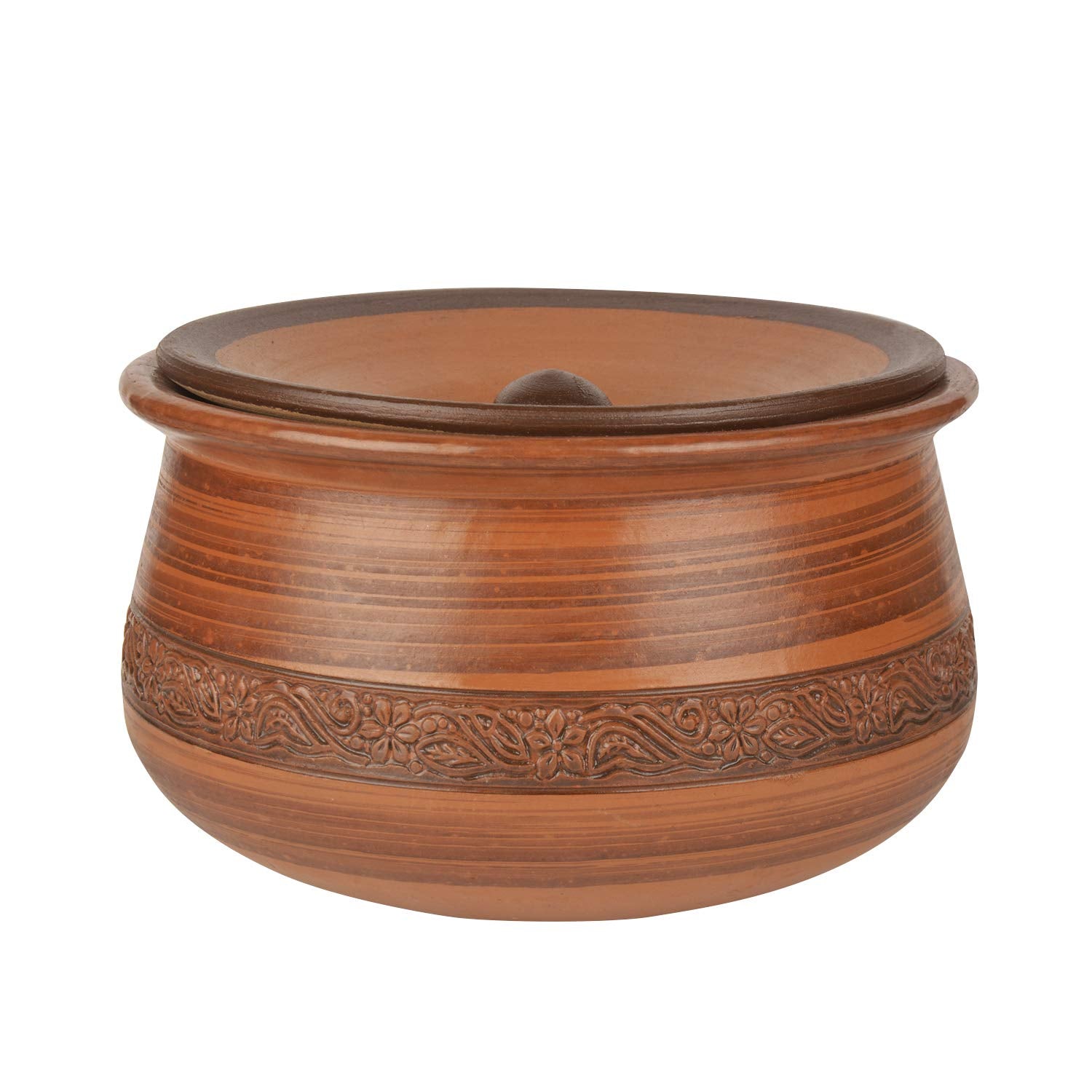 Handcrafted Earthenware Clay Handi Or Pot With Lid For Cooking & Serving - Brown, 2 Liters | Clay Dahi Handi, Mathni - Clay Handi For Gas Cooking