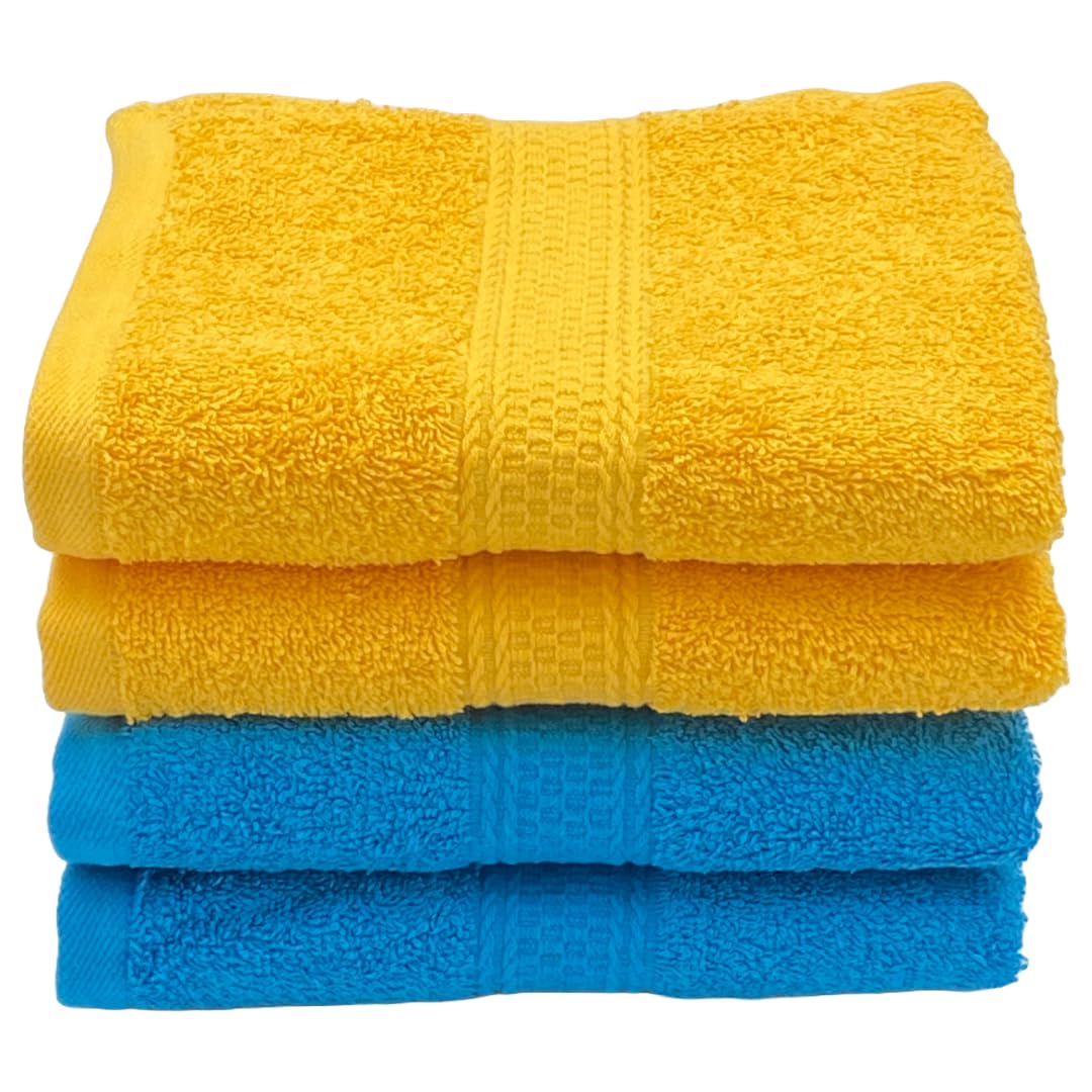 Patpug 100% Indian Ultra Soft Cotton Hand Towel 500 Gsm | For Gym, Workout, Yoga, Wash Basin (Turqoise Blue & Sunrise Yellow) -4 Piece