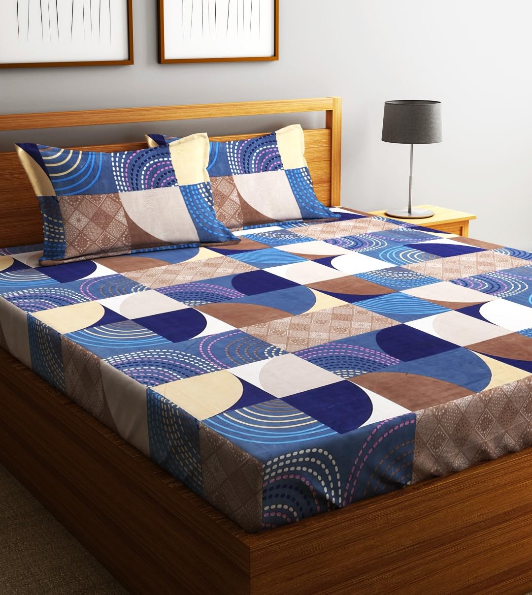 Microfiber Double Bedsheet With 2 Pillow Covers - 85 X 86 Inches, Blue & Brown | Normal Hand Wash Or Machine Wash | 144 Thread Count