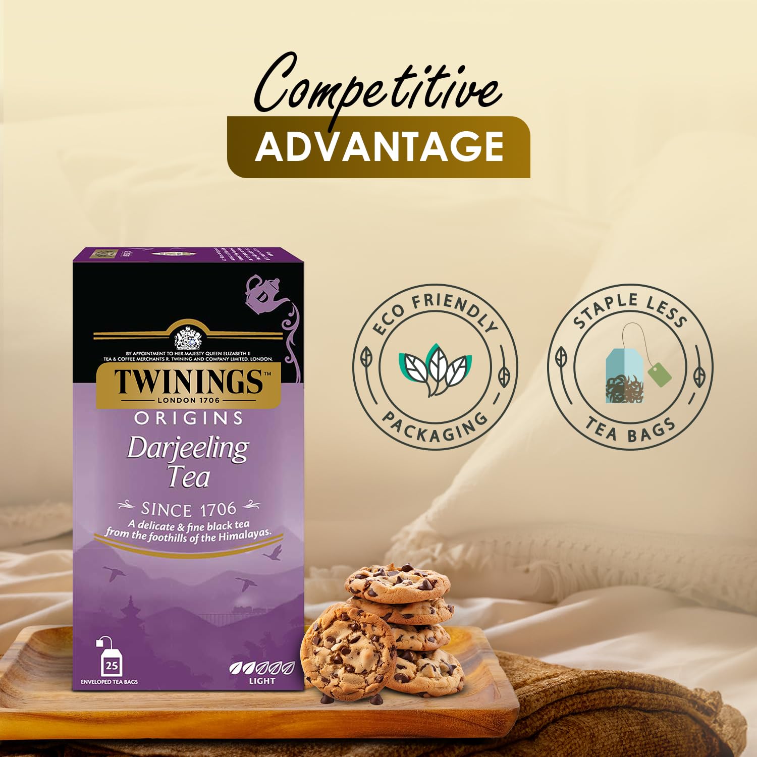 Twinings Origins Darjeeling Tea - 50gm, 1.7 Ounce, 25 Envelope Tea Bags | Delicate & Subtle Black Tea - Light Strength Premium Black Tea, High Caffeine