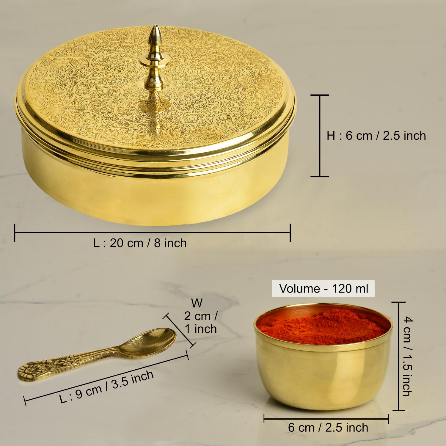 Premium Pure Brass Floral Etched Indian Spice Box For Kitchen With Spoon - 7 Containers, 120ml Each, Golden Color | Diameter - 8 Inches, Weight - 960gm | Peetal Masala Dani, Masala Dabba