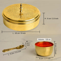 Premium Pure Brass Floral Etched Indian Spice Box For Kitchen With Spoon - 7 Containers, 120ml Each, Golden Color | Diameter - 8 Inches, Weight - 960gm | Peetal Masala Dani, Masala Dabba