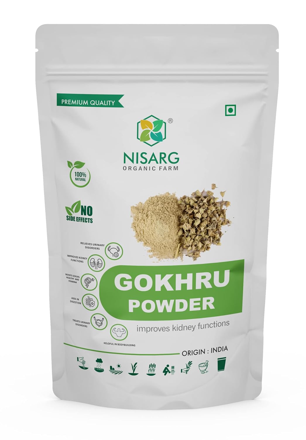 Nisarg Organic Farm Gokhru Gokshura Tribulus Terrestris Powder Natural, Non Gmo, No Added Preservative Or Additives Palleru Nerunjil Powder | 1 kg 2.2lbs