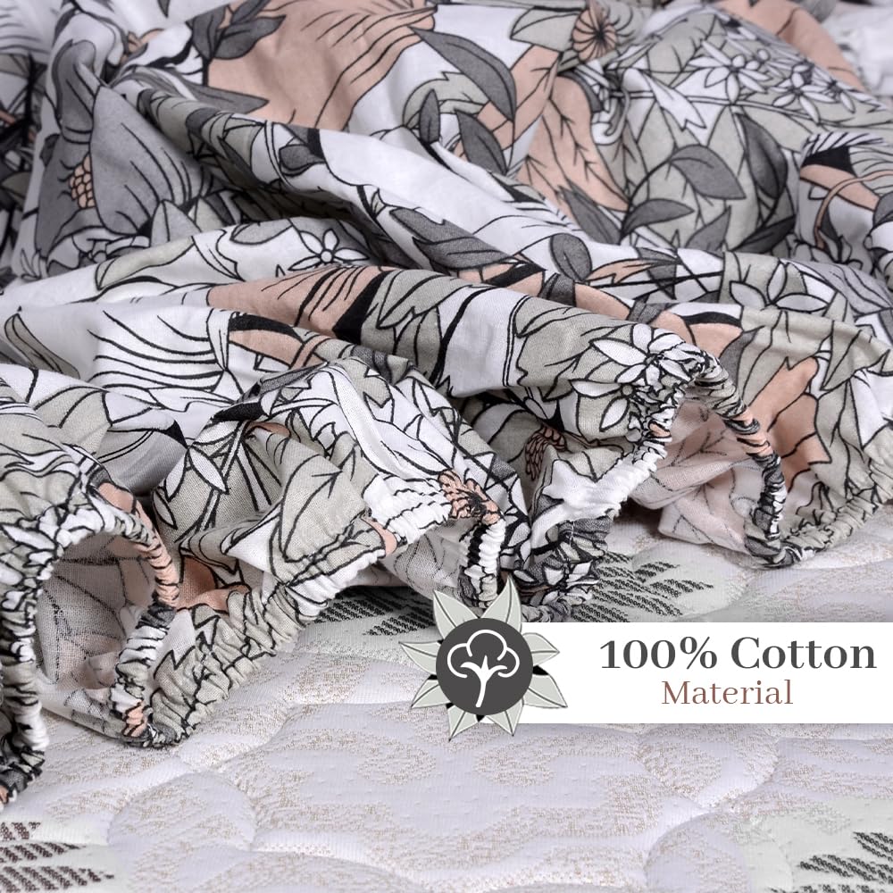 Printed King Size Double Bedsheet With 2 Pillow Cover For Bedroom | 72 X 78 Inches, Grey & Peach - All Around Elastic Fitted | Ideal For Everyday Use