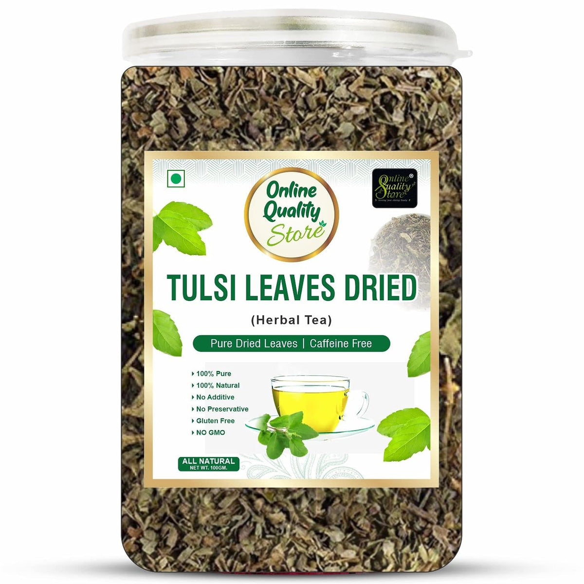 Online Quality Store Tulsi Leaves Dried Herbal Tea - 100gm, 3.5 Ounce | Helps With Stress & Anxiety, Boosts Immunity - Caffeine Free, Gluten Free, No Preservatives
