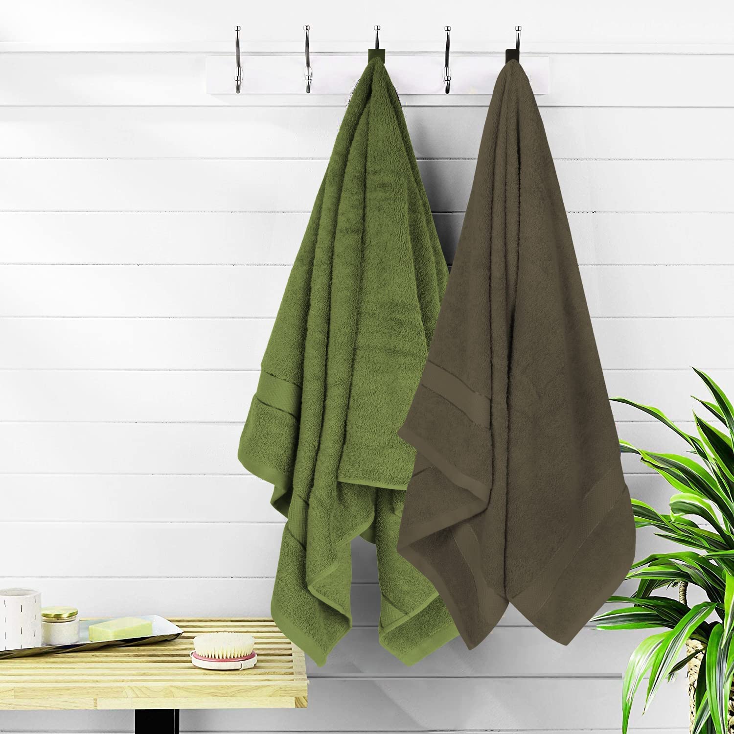 Cloth Fusion 100% Cotton Bath Towels 500 Gsm Large Size Set Of 2, Ultra Soft Bath Towel For Women & Men (Green & Brown)